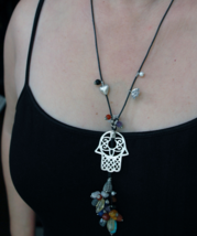 sterling silver Hamsa, Long Boho necklace, Gemstone necklace, Long Tribal (V253) - £135.39 GBP