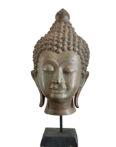 Vintage Southeast Asia Thai Buddha Head Bronze Figure Statue on Wood Base - £541.04 GBP
