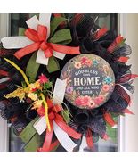 God Bless This Home Wreath  Black Mesh Door Decor with Floral Ribbon  We... - $74.99
