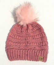 Kids Slouchy Pink Knit w/ Confett with Faux fur Pom Winter Beanie Hat So... - $7.69