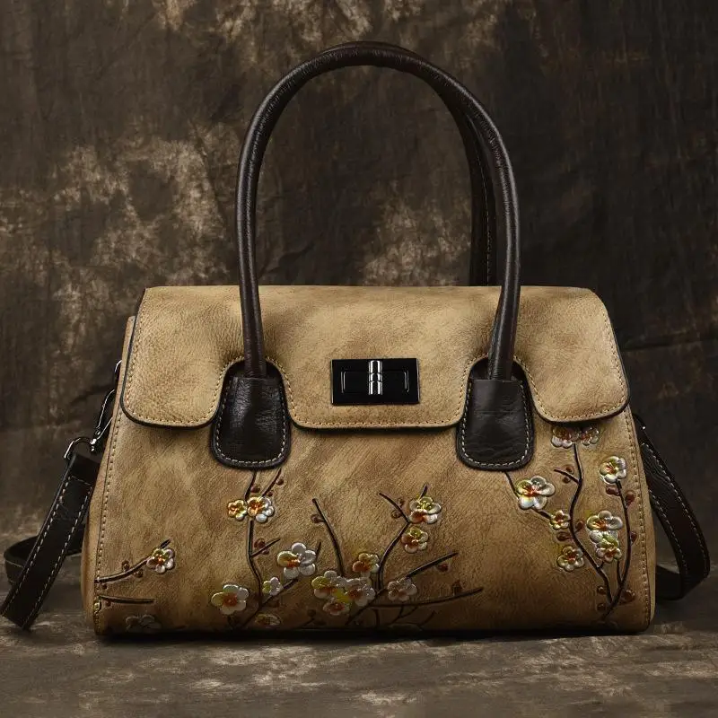 Genuine Cowhide Leather Handbags Handmade Embossing Women Bag New Vintage Style  - £116.08 GBP