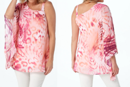 Dennis Basso Printed Chiffon One- Shoulder Tunic- PINK, REGULAR 12 (A454654) - £15.81 GBP