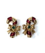 Avon Christmas Candy Cane Earrings Gold Tone Green Rhinestone Bow Accent... - £7.46 GBP