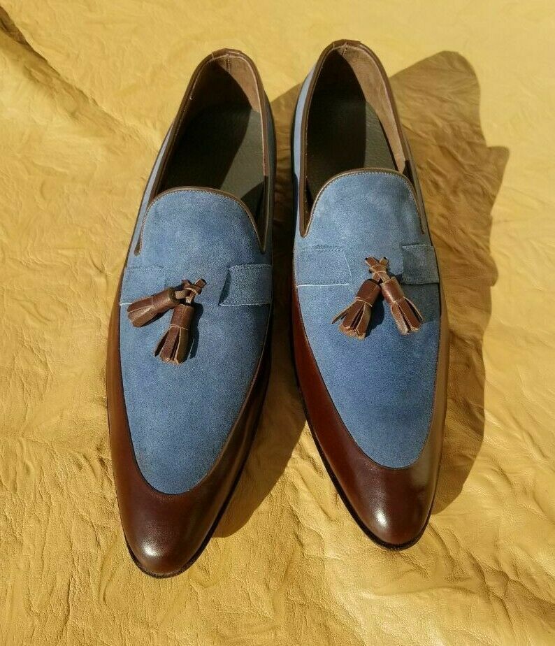 Men's Handmade Leather & Suede Slip-On Loafers Tussles Two-Tone Formal Shoes  20