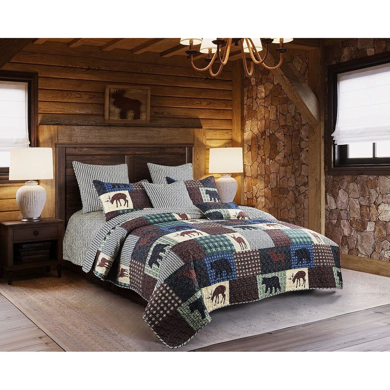 3 Piece King Lodge Quilt Bedding Set - Wilderness Patch - Rustic Cabin Country R