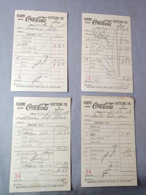 1958 Elkins Coca Cola West Virginia Bottling company sales receipts set of 4 - $9.85