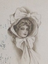 New Year Greetings Beautiful Woman in Fancy Bonnet Hat w/ Bows Vtg Postc... - £7.46 GBP