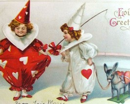 Valentines Day Postcard Clowns Toy Horse Unsigned Ellen Clapsaddle Germany 1910 - £16.97 GBP