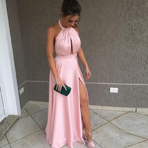 Halter Neck A-line Long Satin Prom Dress Slit Women Pink Evening Dress - $99.90