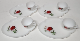 Vintage Federal ROSECREST Milk Glass set of 4 Snack Plates and 4 Cups Red Rose - $64.34