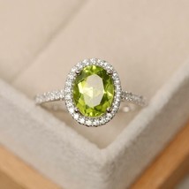 2 Ct Oval Cut Lab Created Peridot Halo Engagement Ring 14K White Gold Plated 925 - £89.51 GBP