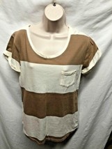 Grayson Womens Sz M Tan Shirt Top Cream Striped Cuffed Sleeve Front Pock... - $15.83