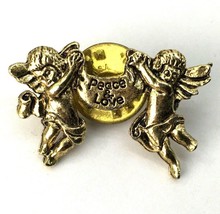 Vtg Angels Pin Costume Jewelry Lapel Figures Peace &amp; Love Gold-Tone - £7.55 GBP