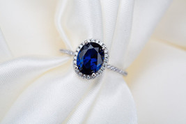 4Ct Oval Blue Sapphire Lab Created Diamond 14k White Gold Women Promise Ring - £469.83 GBP