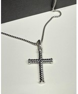 David Yurman 925 Sterling Silver Men Cable Plain Rope Cross Pendant &amp; Chain - $692.98