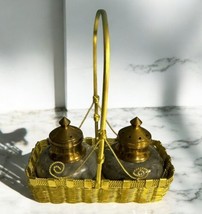 Vtg Salt Pepper Shaker Set Vintage Marble Brass In Gold Hardware Basket - £30.66 GBP