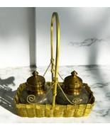 Vtg Salt Pepper Shaker Set Vintage Marble Brass In Gold Hardware Basket - $698.36 MXN