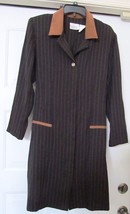 Halmode Petites Coat Dress Pinstripe Faux Suede Trim Brown 16 P Vintage - £30.37 GBP