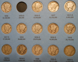 NEAR COMPLETE COLLECTION OF 74 1916-1945 90% SILVER MERCURY DIMES ALBUM SET - $369.00
