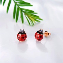 Beetles Gold Plated Rose Stud Earrings for Women and Girl Magic Ladybug Animal E - £8.57 GBP