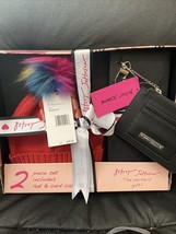 Betsey Johnson Pom Pom Crimson Red Knit Hat &amp; Black Keychain Wallet Set New NWT - £26.20 GBP