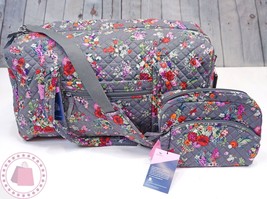 ❤️ VERA BRADLEY Hope Blooms Lay Flat Weekender Gray Floral Lrg Cosmetic Bag Set - £71.17 GBP