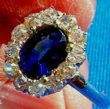Earth mined Sapphire Diamond Engagement Ring Antique Diana Style Halo 14k Gold - $6,566.07 CAD