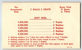 Spot Pool Pinball Machine Instruction Score Card 1959 Unused 5 Ball Play 5 Cents - £16.19 GBP