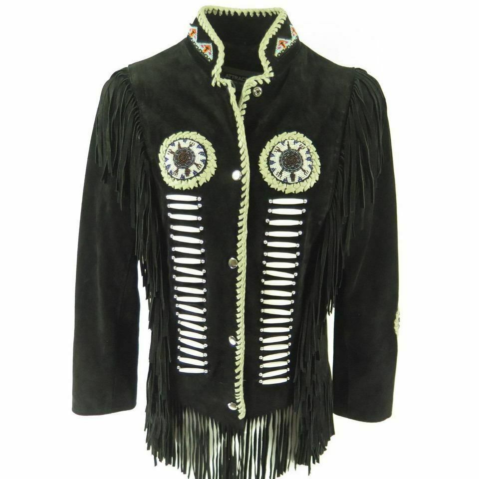 Men's New Western Style Bone Beaded Patches Fringed Black Suede Leather Jacket