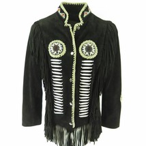Men&#39;s New Western Style Bone Beaded Patches Fringed Black Suede Leather Jacket - £134.29 GBP