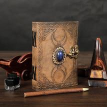 Handmade Vintage Leather Journal, Triple Moon, Studded with Semi Precious Stone, - £39.96 GBP
