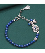 Sterling Silver Lapis Lazuli Beading Bracelet With Good Furtune Gourd Charm - £32.88 GBP