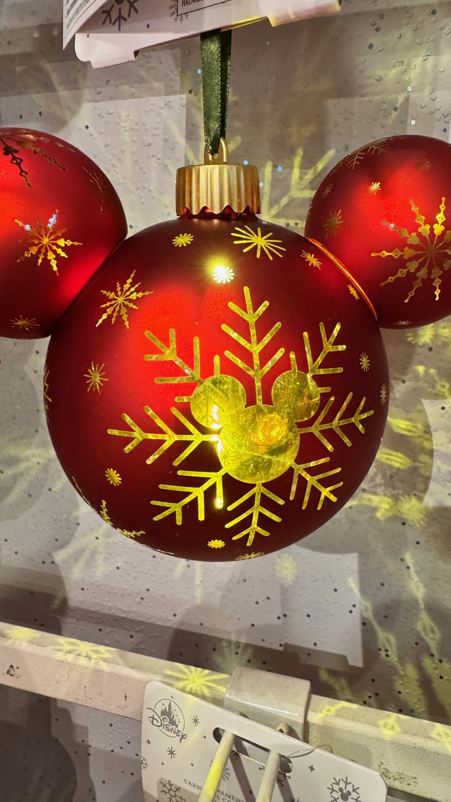 Disney Parks Mickey Mouse Shape Red w/ Gold Color Snowflake Light Up Orn... - $44.90