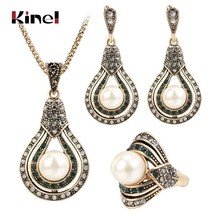 Kinel 3Pcs Vintage Jewelry Sets For Women Antique Gold  Earrings Necklace Ring W - £18.86 GBP