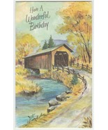 Vintage Birthday Card Covered Bridge Glitter Trim 1960&#39;s Pleasant Thoughts - £6.30 GBP