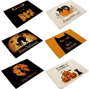 New Set Of 4 Cotton Linen Halloween Placemats Printing Heat Insulation Pumpkin D - £51.99 GBP