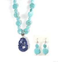 Turquoise Lentil Bead 24in Necklace Drop Earrings Blue Lapis Lasuli Pendant - £176.99 GBP