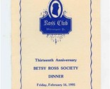 Ross Club Betsy Ross Society Dinner Menu Williamsport Pennsylvania 1995 - £37.68 GBP