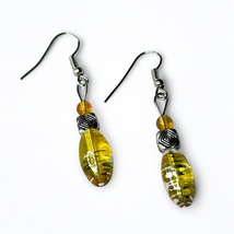 Handcrafted Yellow &amp; Silver Glass Bead Dangle Earrings - Hypoallergenic ... - $90.28 MXN
