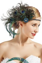 1920s Flapper Peacock Feather Headband Roaring 20s Beaded Showgirl Headpiece 192 - £30.57 GBP