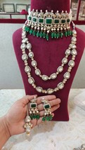 VeroniQ Trends-Victorian Polki Bridal Long And Choker Necklace With Green Stones - £388.35 GBP