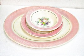 9 Pieces Salem Victory China Platter 4 Bread Plates 4 Sauce Bowls Pink Border - £15.01 GBP