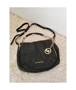 MICHAEL KORS Black Leather Messenger Bag Zip Fold Flap Pockets Gold Meda... - $71.25