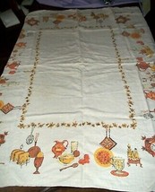 Vintage Linen Tablecloth 66 inches Cuckoo Clock Egg Cup Grapefruit Straw... - £15.51 GBP