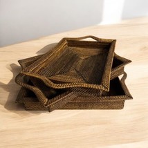 Rattan Wicker Handwoven Wood SET OF 3 Stacking Serving Tray With Handles - £76.52 GBP