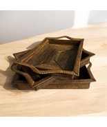 Rattan Wicker Handwoven Wood SET OF 3 Stacking Serving Tray With Handles - $135.76 CAD