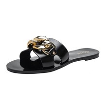 2021 New Ladies Slippers and Sandals Fashion Black Metal Chain Decorated Flat Sa - £30.20 GBP