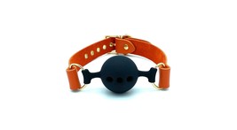 BDSM Orange Leather Candice Ball-Gag &amp; Gold Hardware, Silicone Bondage MouthGag  - £39.96 GBP