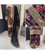 Pakistani Black Printed Georgette Straight Shirt 3-PCS dress ,L - $132.47 CAD