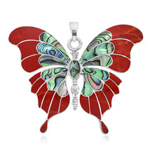Gorgeous Big Butterfly Multicolor Red Coral and Abalone Sterling Silver Pendant - £58.81 GBP
